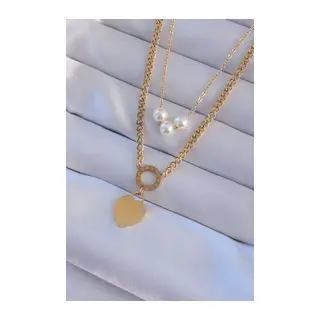 316L Çelik Gold Renk Çift Zincir İnci Detayı Love Kalp Kolye