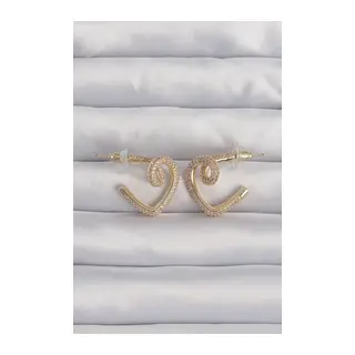 Pirinç Gold Renk Zirkon Taşlı Kıvrımlı Yarım Kalp Küpe