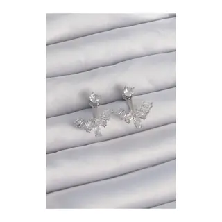 Pirinç Gümüş Renk Zirkon Taşlı V Model Küpe