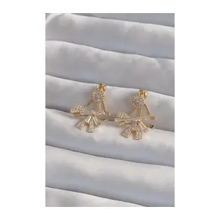 Pirinç Gold Renk Zirkon Taşlı Yassı Fiyonk Model Küpe