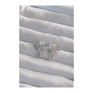 Pirinç Gümüş Renk Kare Zirkon Taşlı Fiyonk Küpe