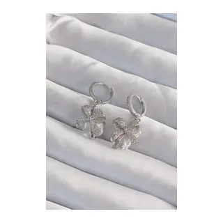 Pirinç Gümüş Renk İri Zirkon Taşlı Fiyonk Model Halka Küpe