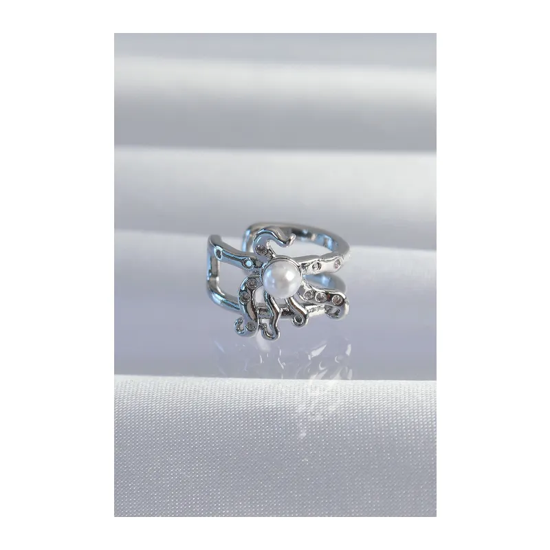 Pirinç Gümüş Renk İncili Ahtapot Earcuff Küpe
