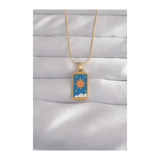 316L Çelik Gold Renk Mavi Mineli Güneş Model Tarot Kolye