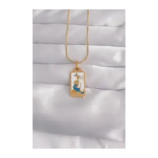 316L Çelik Gold Renk Beyaz Mineli Kız Figür Tarot Kolye