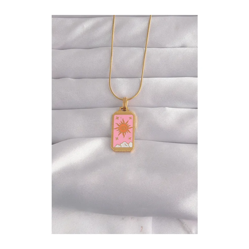 316L Çelik Gold Renk Pembe Mineli Güneş Model Tarot Kolye
