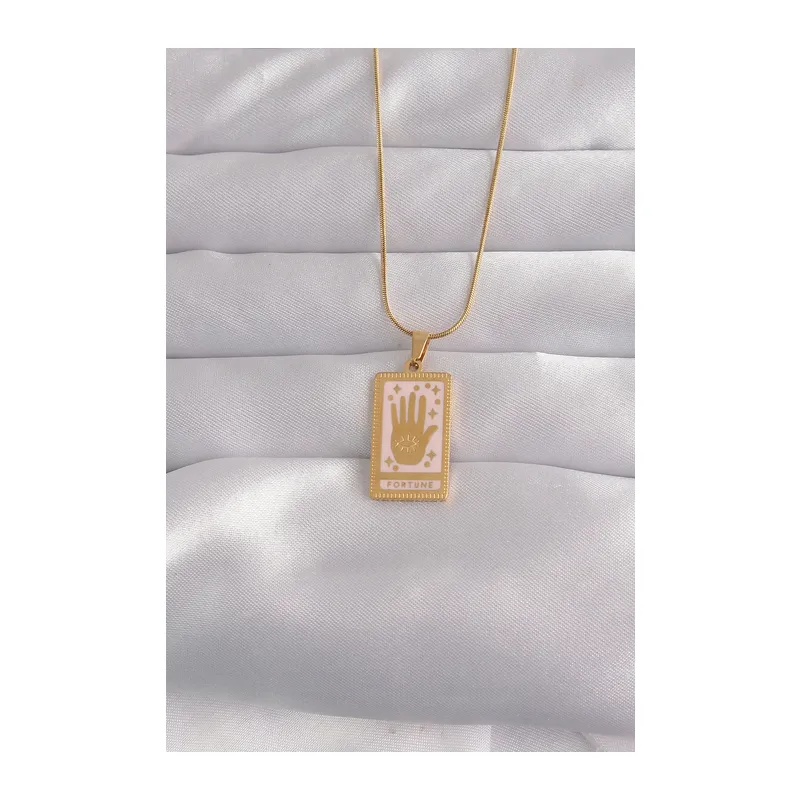 316L Çelik Gold Renk Pembe Mineli El Figür Tarot Kolye