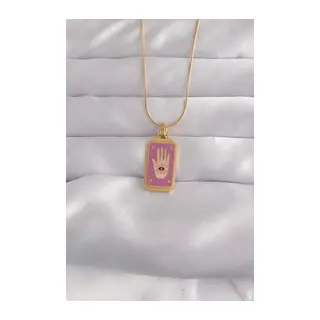316L Çelik Gold Renk Mor Mineli El Figür Tarot Kolye