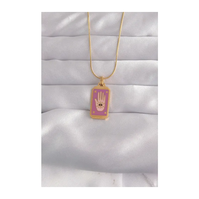 316L Çelik Gold Renk Mor Mineli El Figür Tarot Kolye