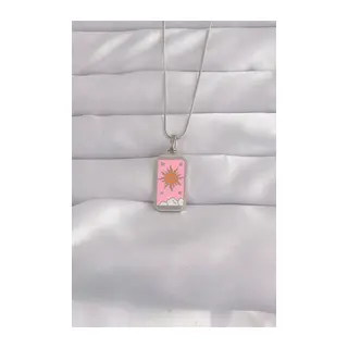 316L Çelik Gümüş Renk Pembe Mineli Güneş Model Tarot Kolye