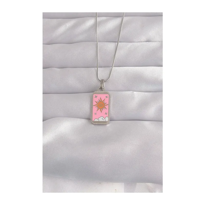 316L Çelik Gümüş Renk Pembe Mineli Güneş Model Tarot Kolye