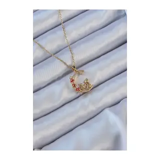 316L Çelik Zincir Gold Renk Kırmızı Gül Detay Kedi Figür Zirkon Taşlı Ay Kolye
