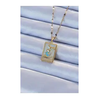 316L Çelik Zincir Gold Renk Mavi Mineli Tarot Kolye