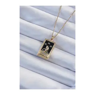 316L Çelik Zincir Gold Renk Zirkon Taşlı Siyah Mineli Kız Figürlü Tarot Kolye