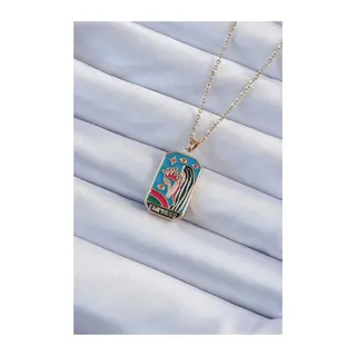 316L Çelik Zincir Gold Renk Taç ve Kız Figürlü Renkli Mineli Tarot Kolye