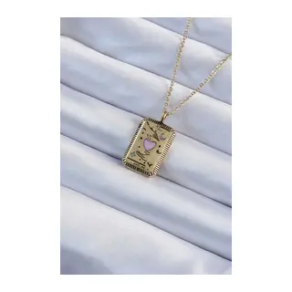 316L Çelik Zincir Eskitme Gold Renk Pembe Mineli Kalp Figürlü Tarot Kolye
