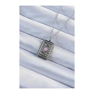 316L Çelik Zincir Eskitme Gümüş Renk Pembe Mineli Kalp Figürlü Tarot Kolye