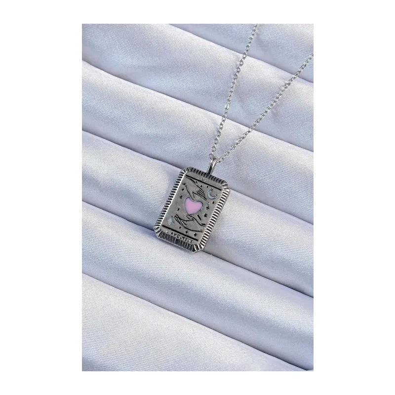 316L Çelik Zincir Eskitme Gümüş Renk Pembe Mineli Kalp Figürlü Tarot Kolye