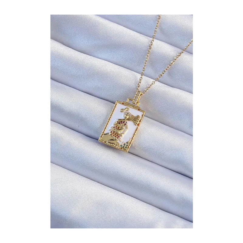316L Çelik Zincir Gold Renk Beyaz Mineli Tarot Kolye
