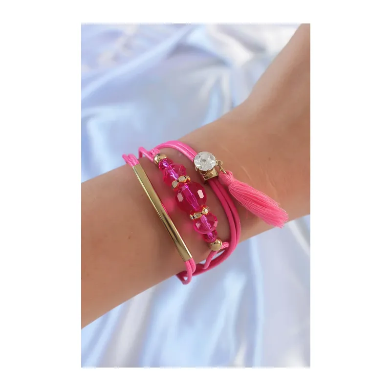 Pembe Zirkon Taşlı İpli Püskül Detay Çoklu Bileklik
