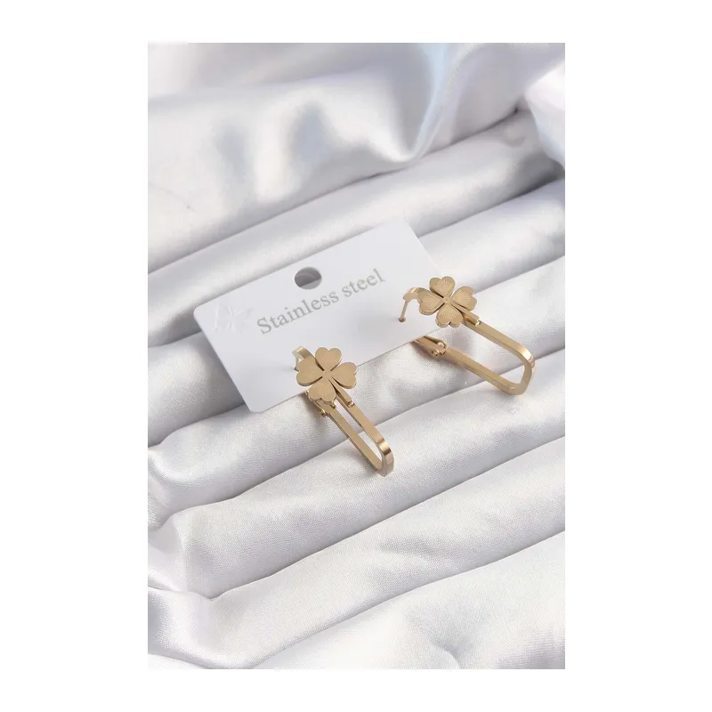 316L Çelik Gold Renk Geometrik Yonca Model Küpe