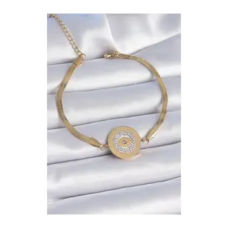 316L Çelik Gold Renk İtalyan Zincir Zirkon Taşlı Göz İşlemeli Madalyon Model Kadın Bileklik