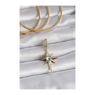 Pirinç Gold Renk Zirkon Taşlı Kutup Yıldızı Nazar Boncuk Detay Ajda Charm