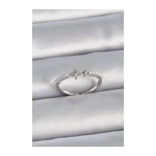 Pirinç Gümüş Renk Zirkon Taşlı Sıralı İnci Ayarlanabilir Model Kadın Yüzük