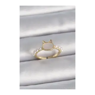 Pirinç Gold Renk Ayarlanabilir Beyaz Mineli Kedi Model İnci Detay Kadın Yüzük