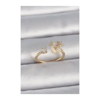 Pirinç Gold Renk Ayarlanabilir Zirkon Taşlı Yıldız Model Kadın Yüzük