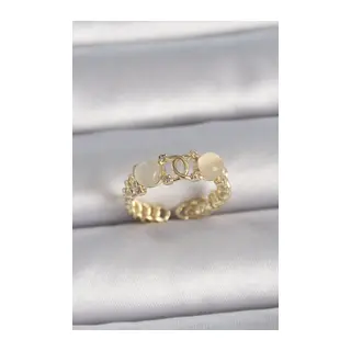 Pirinç Gold Renk Ayarlanabilir Zirkon Taşlı Beyaz Mineli Birleşik Halka Model Kadın Yüzük