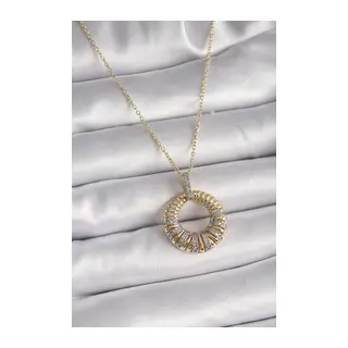 316L Çelik Gold Renk Zincir Gümüş Zirkon Taşlı Daire Model Kadın Kolye