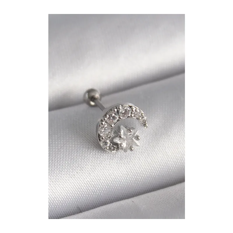 316L Çelik Gümüş Renk Zirkon Taşlı Ay Yıldız Tragus Piercing