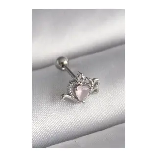 316L Çelik Gümüş Renk Pembe Mineli Kalp Zirkon Taş Detay Tragus Piercing