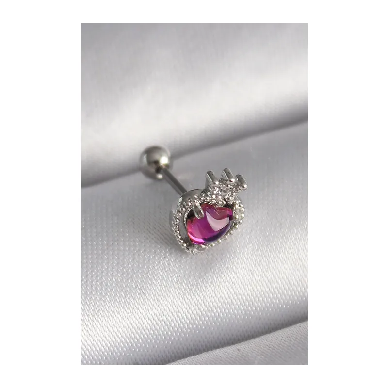 316L Çelik Gümüş Renk Pembe Mineli Kalp Zirkon Taş Detaylı Taç Tragus Piercing