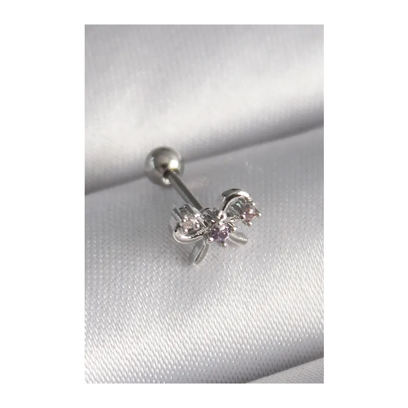 316L Çelik Gümüş Renk Zirkon Taşlı Kurdele Tragus Piercing
