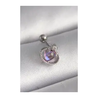 316L Çelik Gümüş Renk Mor Mineli Kalp Zirkon Taş Detay Tragus Piercing