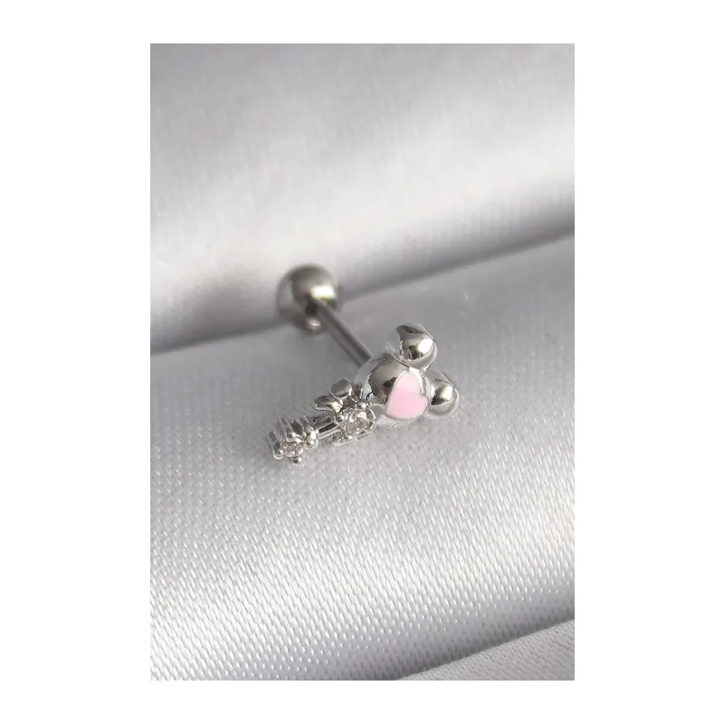 316L Çelik Gümüş Renk Zirkon Taş Detay Pembe Kalp İşleme Tragus Piercing