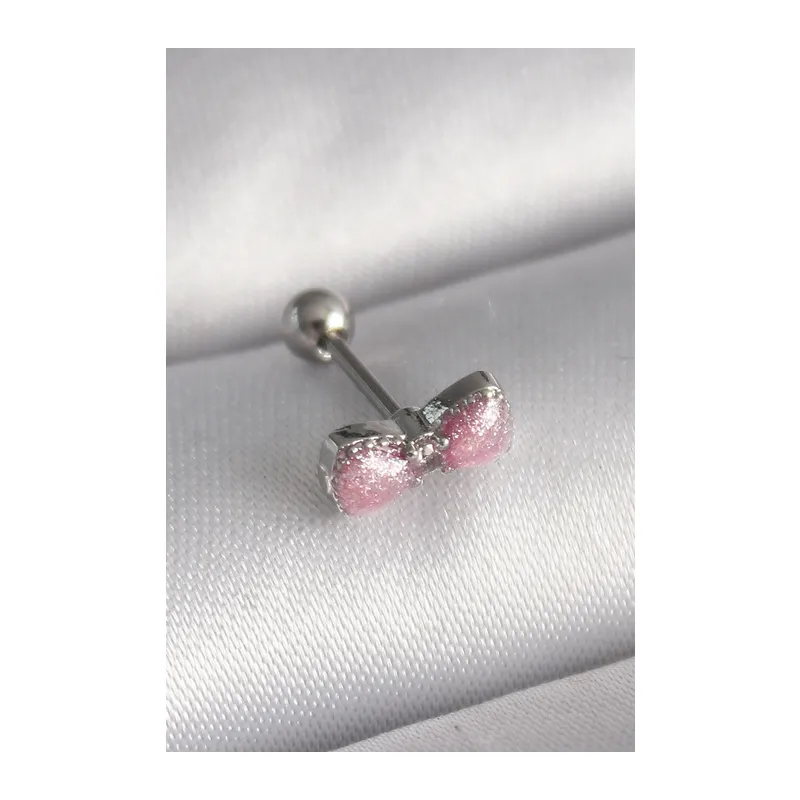 316L Çelik Gümüş Renk Pembe Kurdele Zirkon Taş Detay Tragus Piercing
