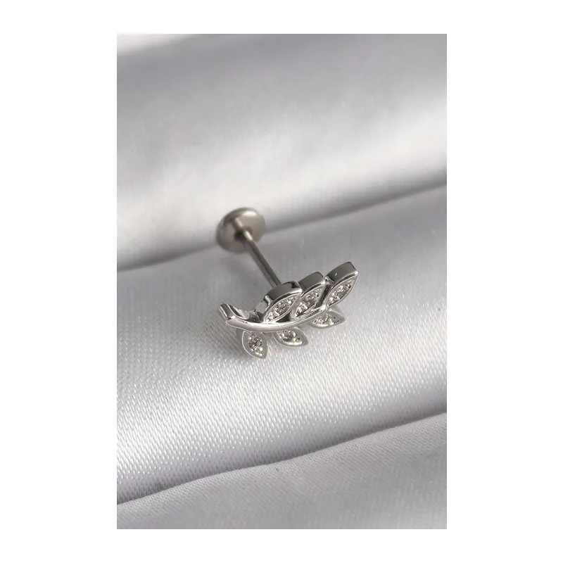 316L Çelik Gümüş Renk Dal Model Zirkon Taş Detaylı Tragus Piercing