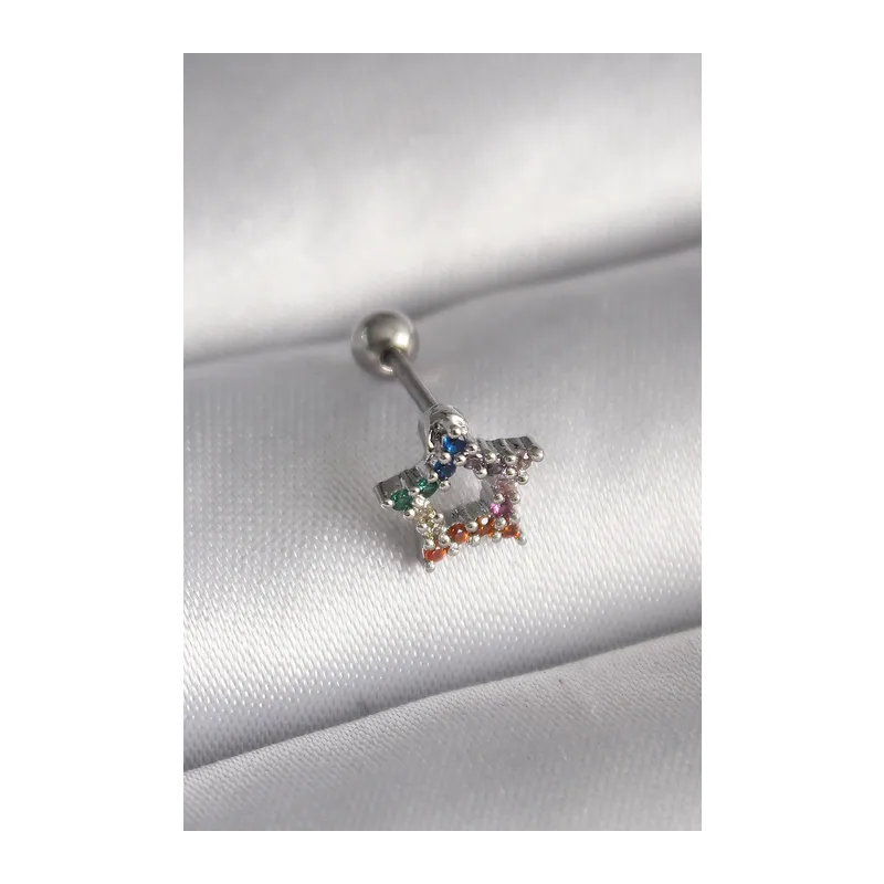 316L Çelik Gümüş Renk Renkli Zirkon Taşlı Yıldız Model Tragus Piercing