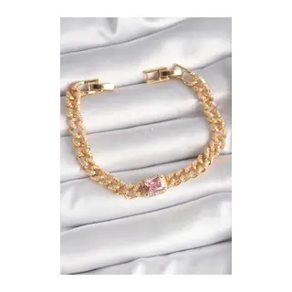 Pirinç Gold Renk Pembe Kare Zirkon Taşlı VIP Seri Kadın Bileklik