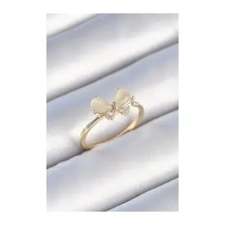Pirinç Gold Renk Beyaz Mineli Zirkon Taşlı Kelebek Model Kadın Yüzük