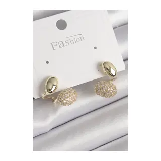 Pirinç Gold Renk Zirkon Taşlı Bombeli Model Kadın Küpe