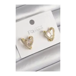 Pirinç Gold Renk Zirkon Taşlı Kalp Model Kadın Küpe