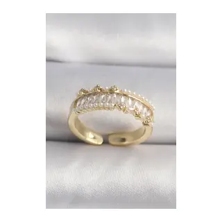 Pirinç Gold Renk Zirkon Taşlı İnci Detay VIP Seri Kadın Yüzük