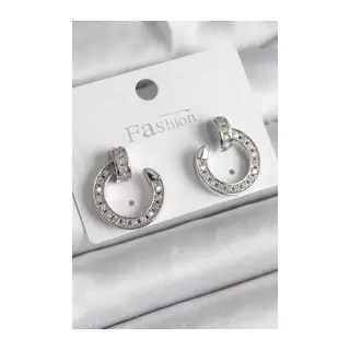 Pirinç Gümüş Renk Zirkon Taşlı Çivi Halka Model Kadın Küpe