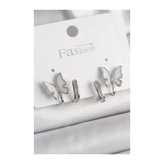 Pirinç Gümüş Renk Zirkon Taş Detaylı Beyaz Sedefli Kelebek Model Kadın Küpe