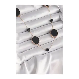 Pirinç Gold Renk Siyah Renk Oval Siyah Küp Detay Kadın Kolye