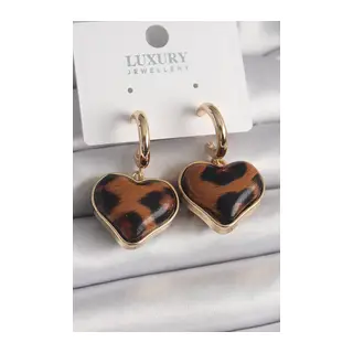 Pirinç Gold Renk 3D Kalp Leopar Desen Model Kadın Küpe